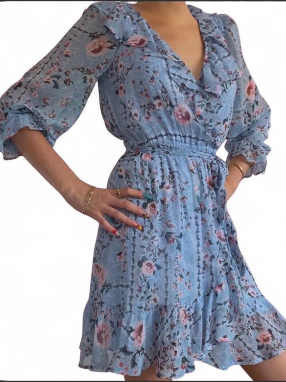 LC Lauren Conrad Blue Floral Ruffle Wrap Dress